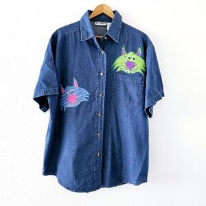 Vintage Haiks crazy cats denim blouse size L embroidered embellished